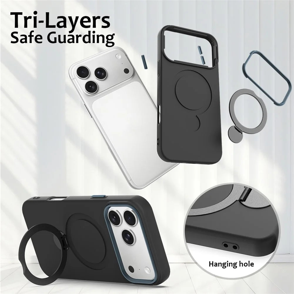 For iPhone 17 Pro Max Case Compatible with MagSafe Rotating Ring Kickstand TPU + PC Phone Back Cover - Black - 6