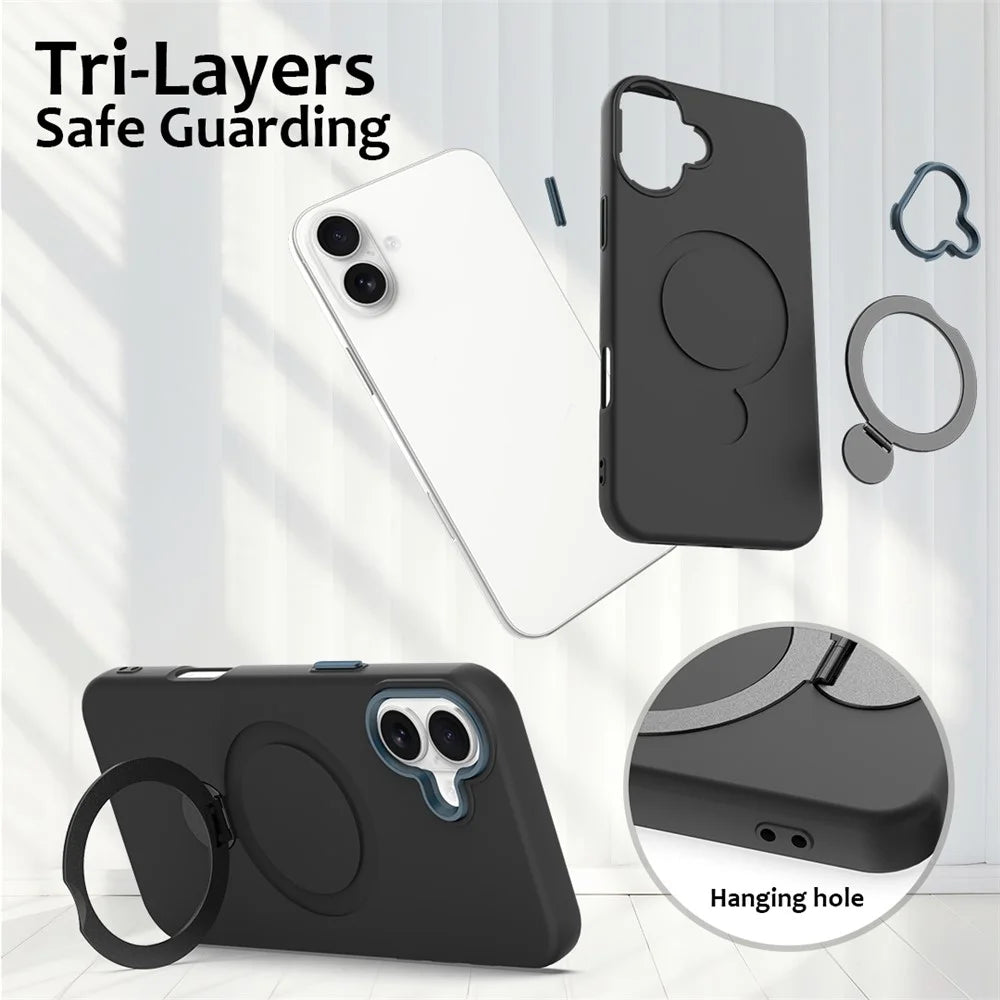 For iPhone 16 Plus Case Compatible with MagSafe Rotating Ring Kickstand TPU + PC Phone Back Cover - Black - 6