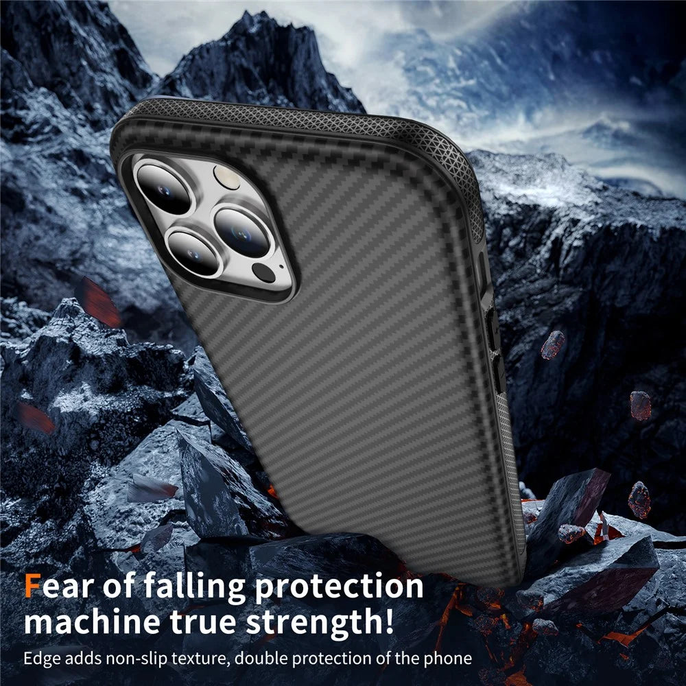 For iPhone 15 Pro Skin-touch Case Carbon Fiber Texture PC + TPU Back Cover Compatible with MagSafe - Black+Black - 6
