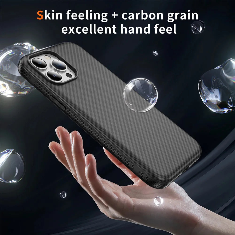For iPhone 15 Pro Skin-touch Case Carbon Fiber Texture PC + TPU Back Cover Compatible with MagSafe - Black+Black - 7