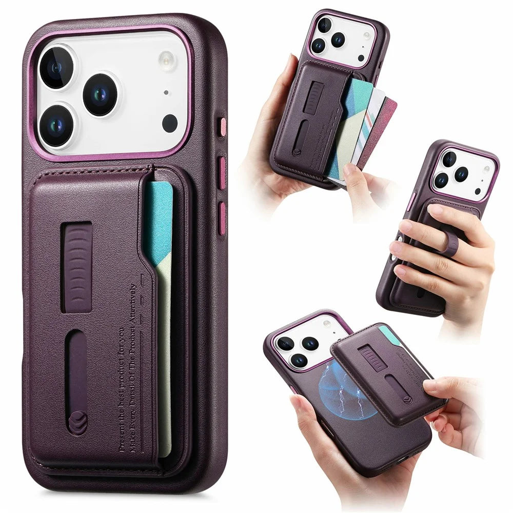 For iPhone 17 Pro Max Case Compatible with MagSafe Detachable Card Bag with Finger Ring Strap PU Leather Coated TPU Phone Cover - Purple - 1