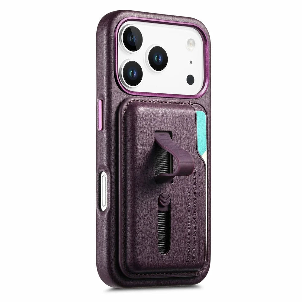 For iPhone 17 Pro Max Case Compatible with MagSafe Detachable Card Bag with Finger Ring Strap PU Leather Coated TPU Phone Cover - Purple - 2