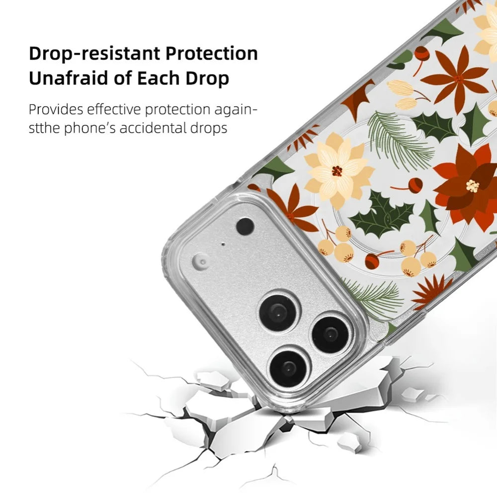 EYCASE For iPhone 17 Pro Christmas Series Case Gift  Clear Edge Pattern Print TPU + Acrylic Cover Compatible with MagSafe - Vintage Christmas Floral - 3