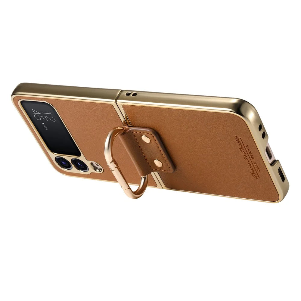For Samsung Galaxy Z Flip4 5G Case Electroplating Leather Coated PC Phone Cover with Spring Ring Buckle Kickstand - Brown - 2