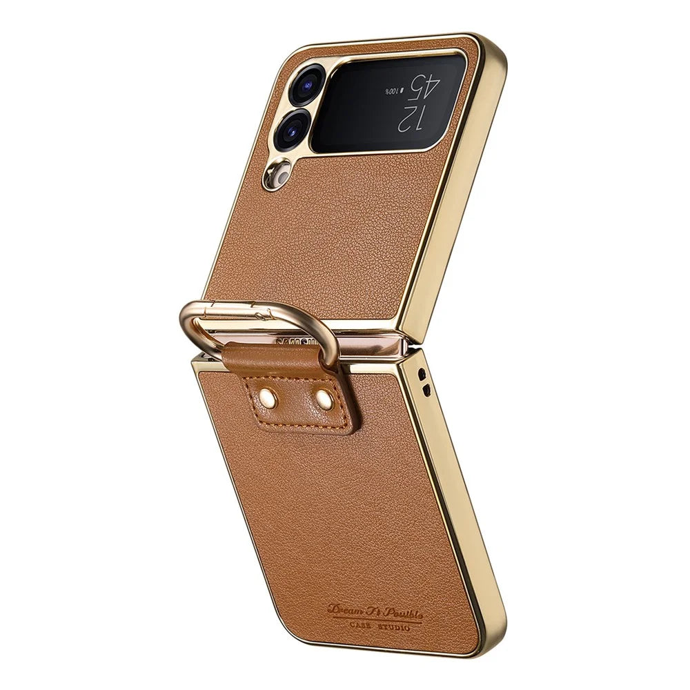 For Samsung Galaxy Z Flip4 5G Case Electroplating Leather Coated PC Phone Cover with Spring Ring Buckle Kickstand - Brown - 3