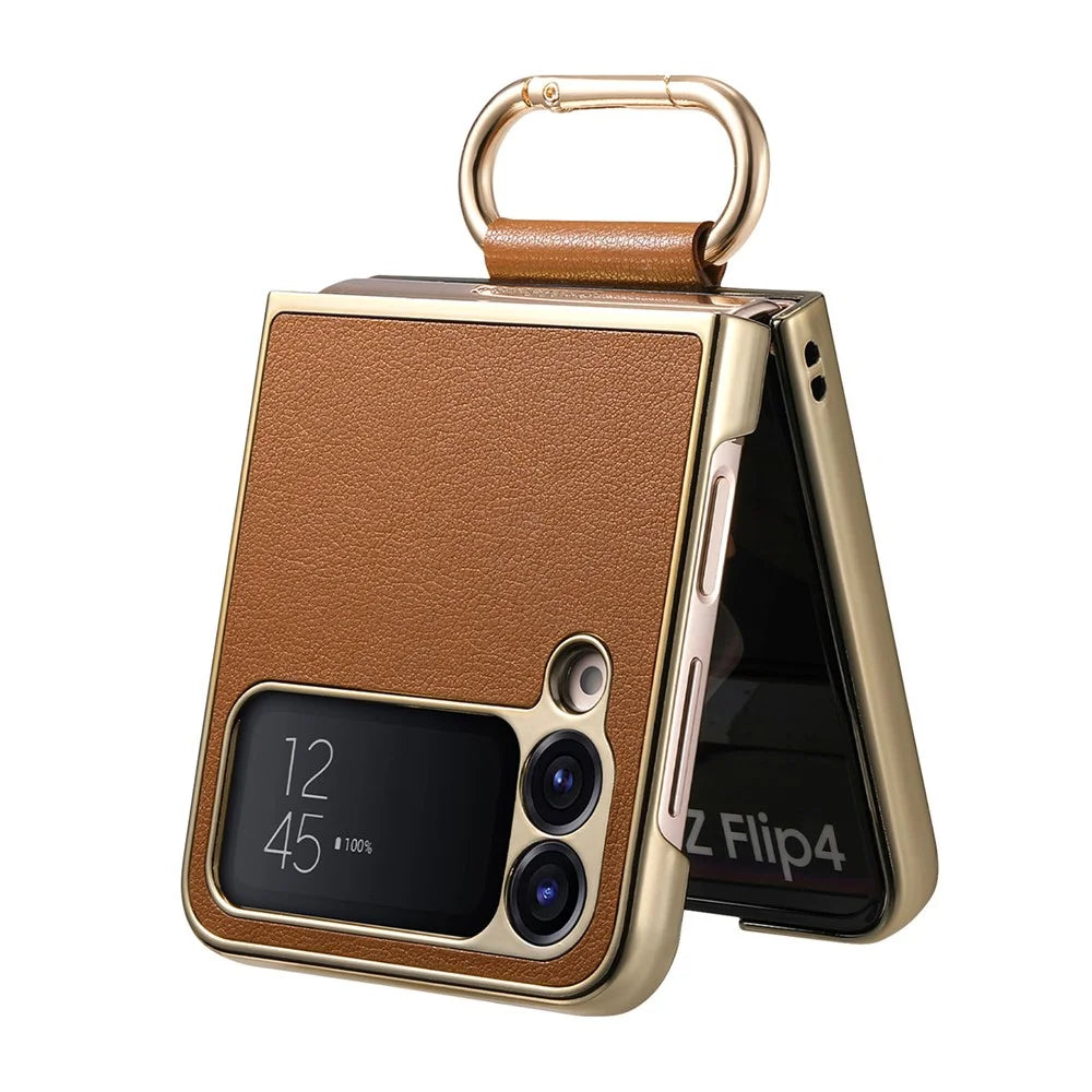 For Samsung Galaxy Z Flip4 5G Case Electroplating Leather Coated PC Phone Cover with Spring Ring Buckle Kickstand - Brown - 4