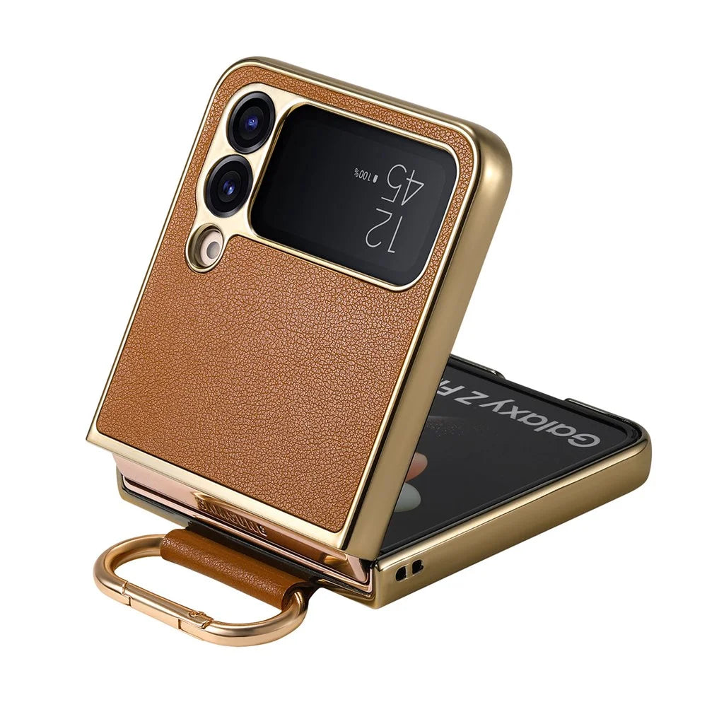 For Samsung Galaxy Z Flip4 5G Case Electroplating Leather Coated PC Phone Cover with Spring Ring Buckle Kickstand - Brown - 5