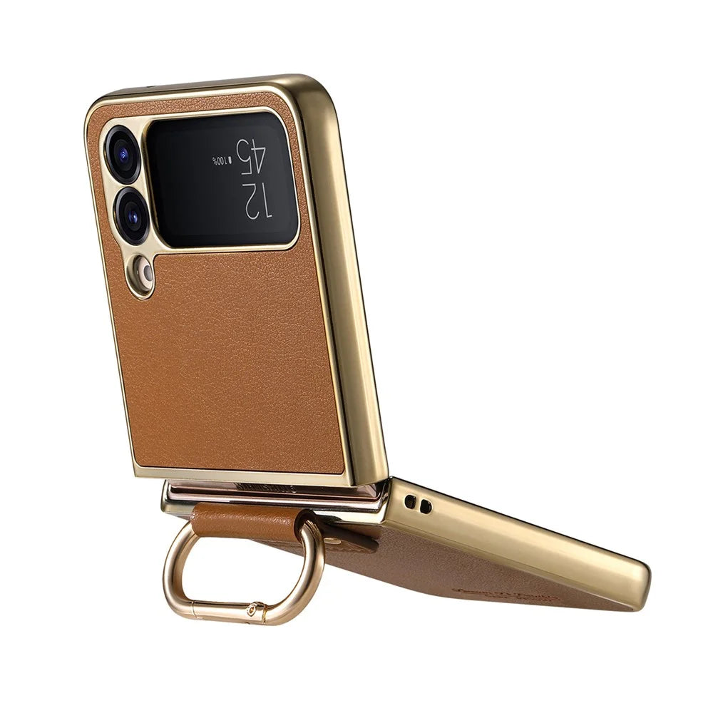 For Samsung Galaxy Z Flip4 5G Case Electroplating Leather Coated PC Phone Cover with Spring Ring Buckle Kickstand - Brown - 7