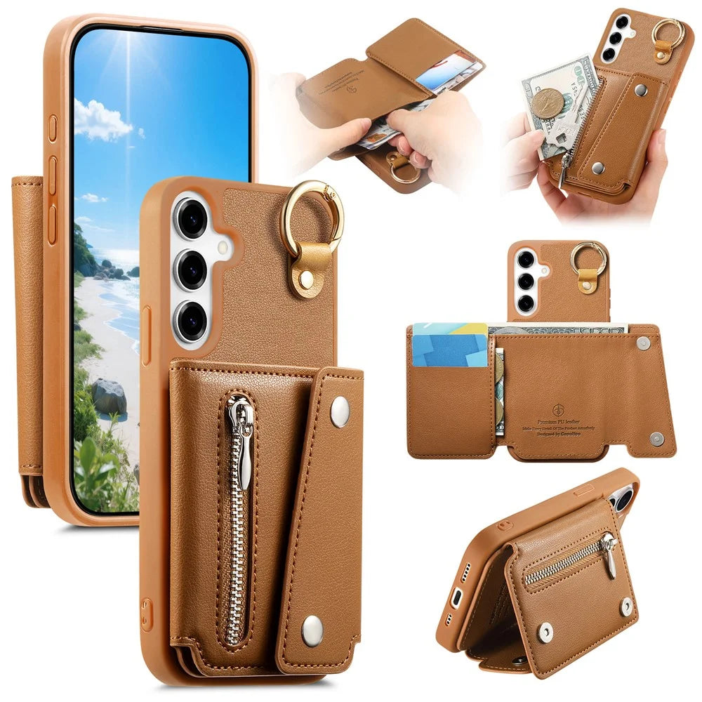 For Samsung Galaxy A25 5G (Global) (161mm) Case D-Ring Holder Leather + PC + TPU Phone Cover with Wallet Kickstand - Brown - 1
