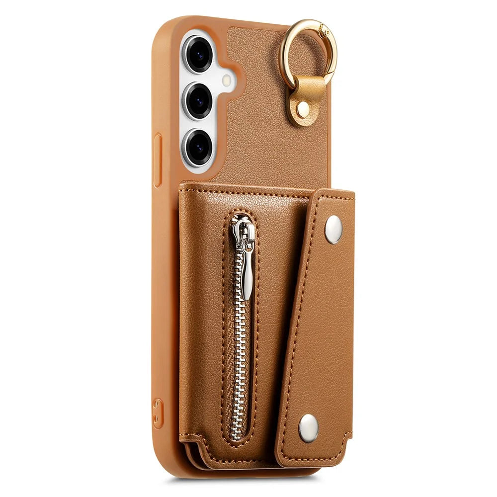 For Samsung Galaxy A25 5G (Global) (161mm) Case D-Ring Holder Leather + PC + TPU Phone Cover with Wallet Kickstand - Brown - 5