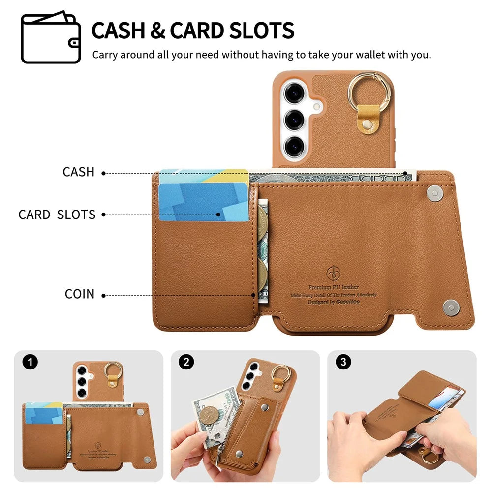 For Samsung Galaxy A25 5G (Global) (161mm) Case D-Ring Holder Leather + PC + TPU Phone Cover with Wallet Kickstand - Brown - 6
