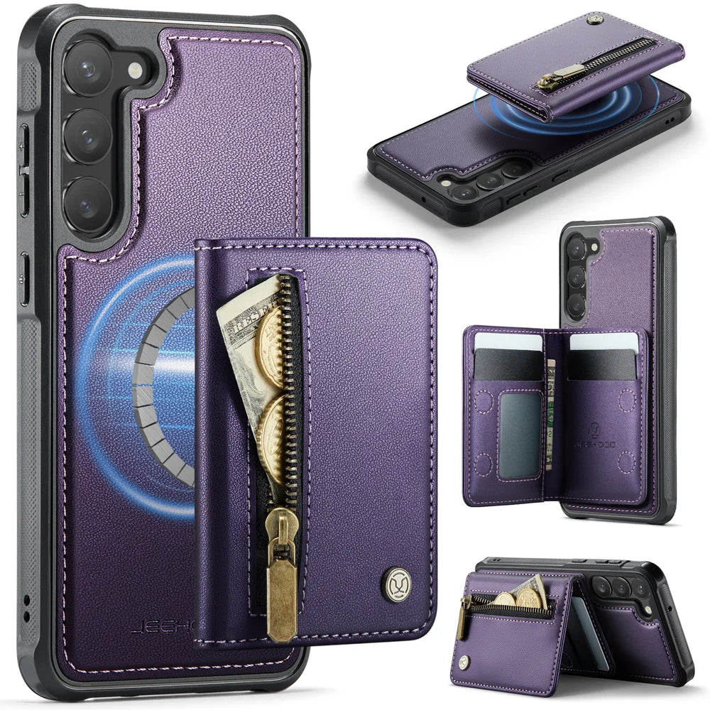 JEEHOOD For Samsung Galaxy S23+ Case  J12 Magnetic Detachable Zipper Wallet Kickstand Leather Back Cover Magnetic Case - Purple - 1