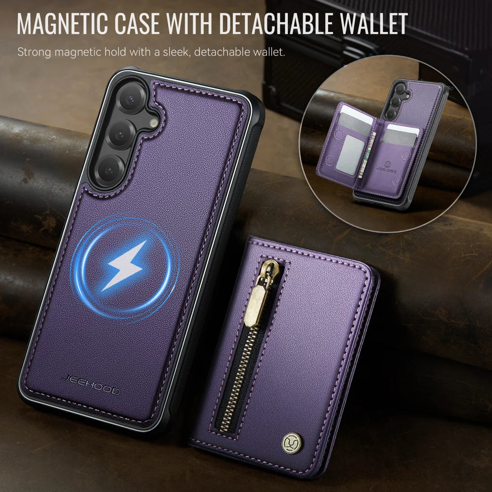 JEEHOOD For Samsung Galaxy S23 FE Case  J12 Magnetic Detachable Zipper Wallet Kickstand Leather Back Cover Magnetic Case - Purple - 4