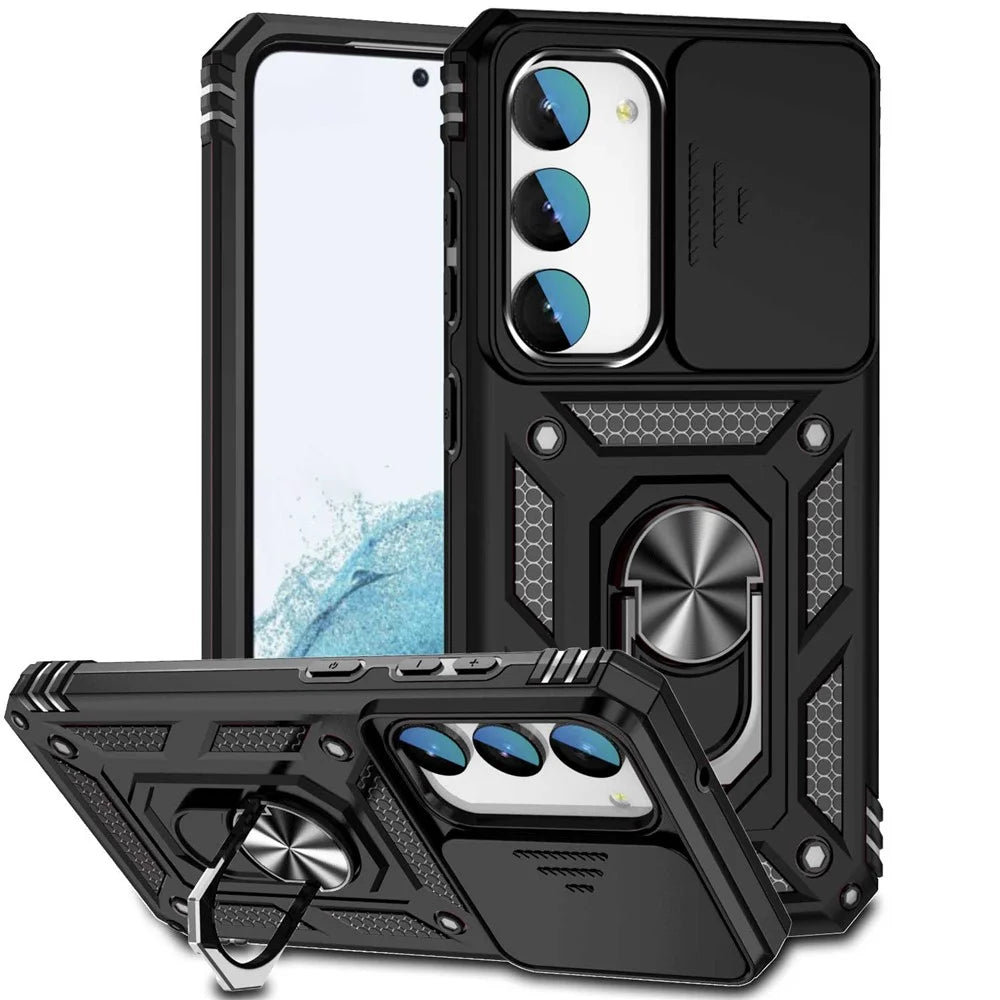 Slide Camera Protector Back Case for Samsung Galaxy S23+, PC + TPU Protective Phone Cover with Metal Ring Kickstand - Black - 1