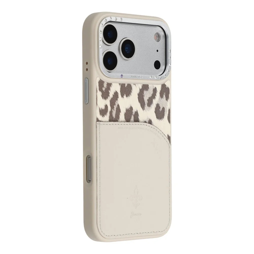 JAUCASE For iPhone 17 Pro Magnetic Case Leopard Print Card Holder PU TPU PC Phone Back Cover - White - 1