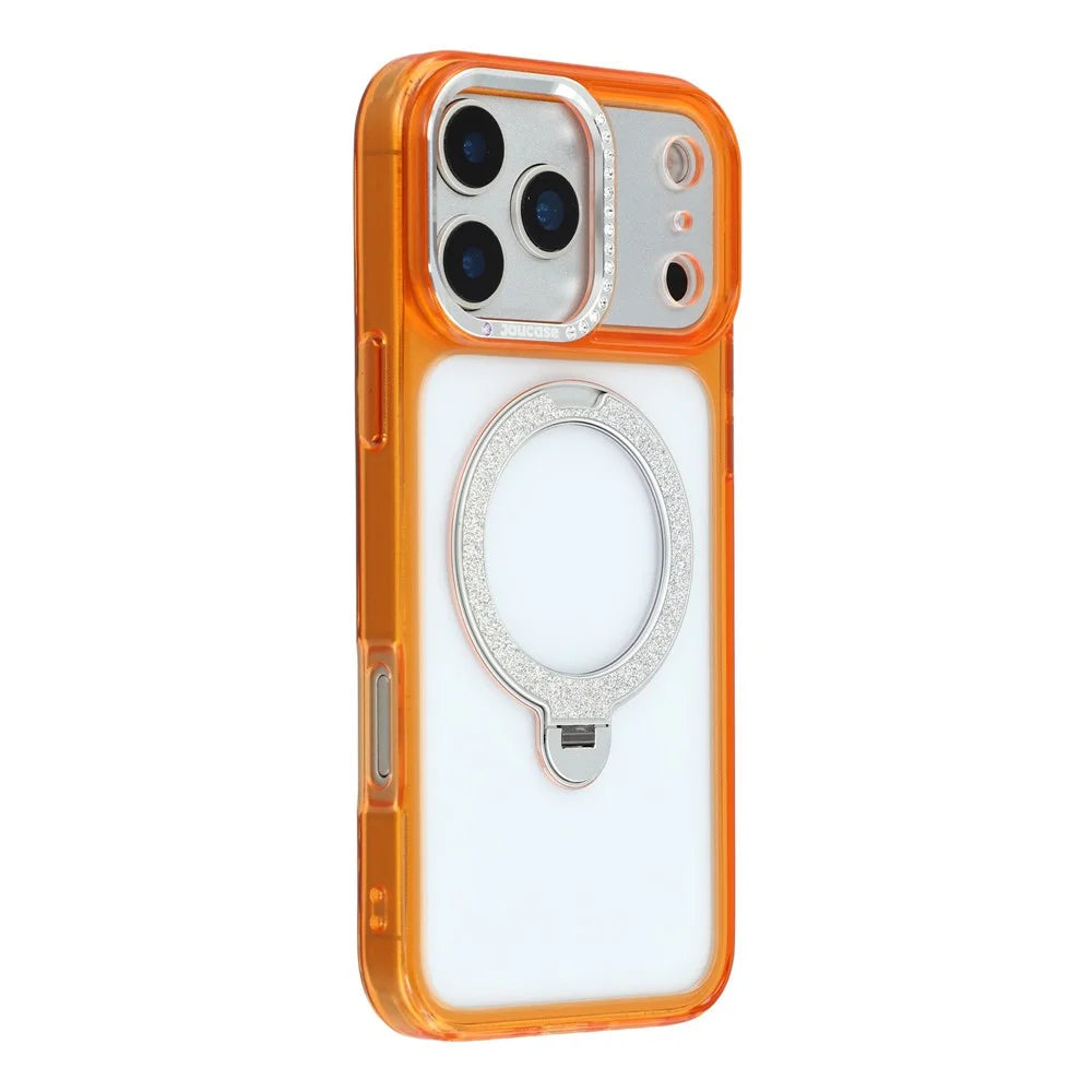 JAUCASE For iPhone 17 Pro Case Glitter Kickstand Rhinestone Lens Frame TPU + PC Phone Cover - Transparent Orange - 1