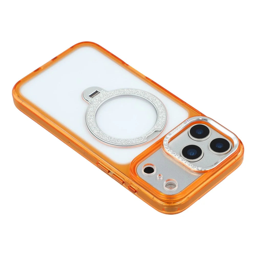 JAUCASE For iPhone 17 Pro Max Case Glitter Kickstand Rhinestone Lens Frame TPU + PC Phone Cover - Transparent Orange - 6