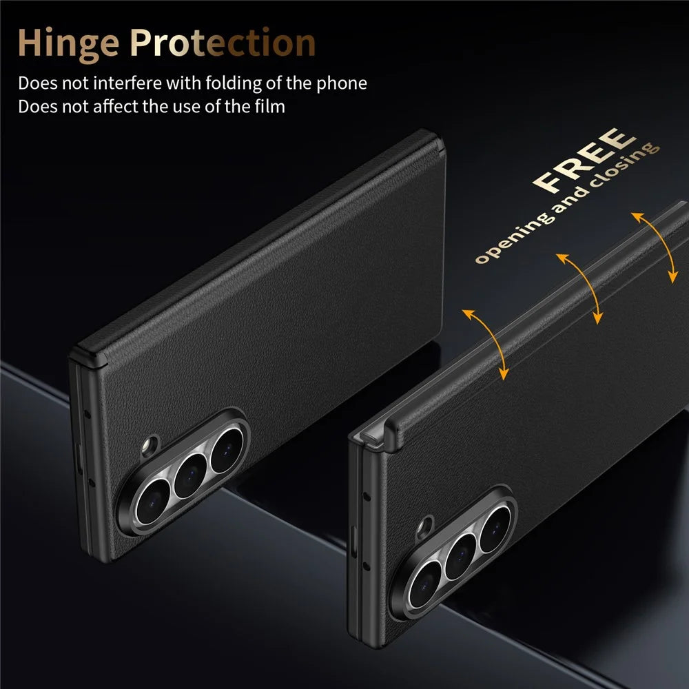 For Samsung Galaxy Z Fold5 5G Magnetic Case Hinge Protection Leather PC Phone Cover with Smart Side Button / Tempered Glass Film - Black - 3