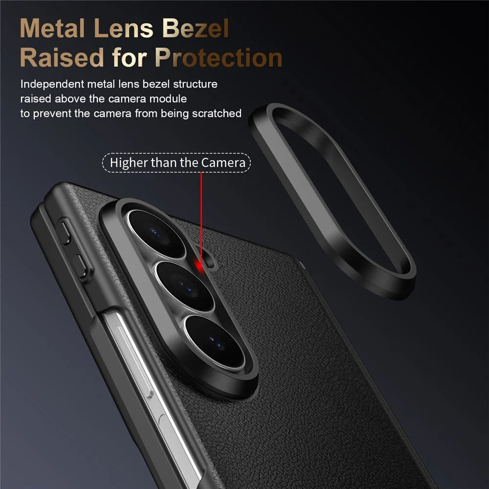 For Samsung Galaxy Z Fold5 5G Magnetic Case Hinge Protection Leather PC Phone Cover with Smart Side Button / Tempered Glass Film - Black - 5