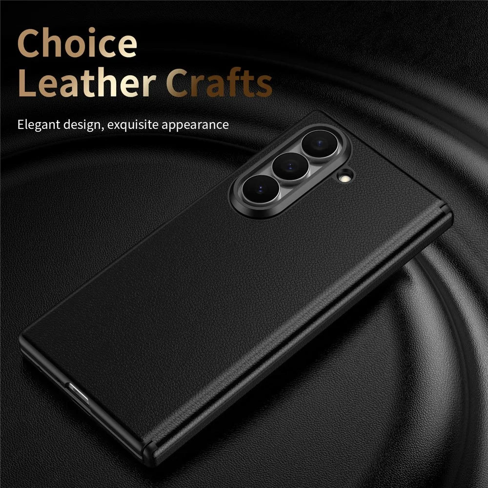 For Samsung Galaxy Z Fold5 5G Magnetic Case Hinge Protection Leather PC Phone Cover with Smart Side Button / Tempered Glass Film - Black - 7