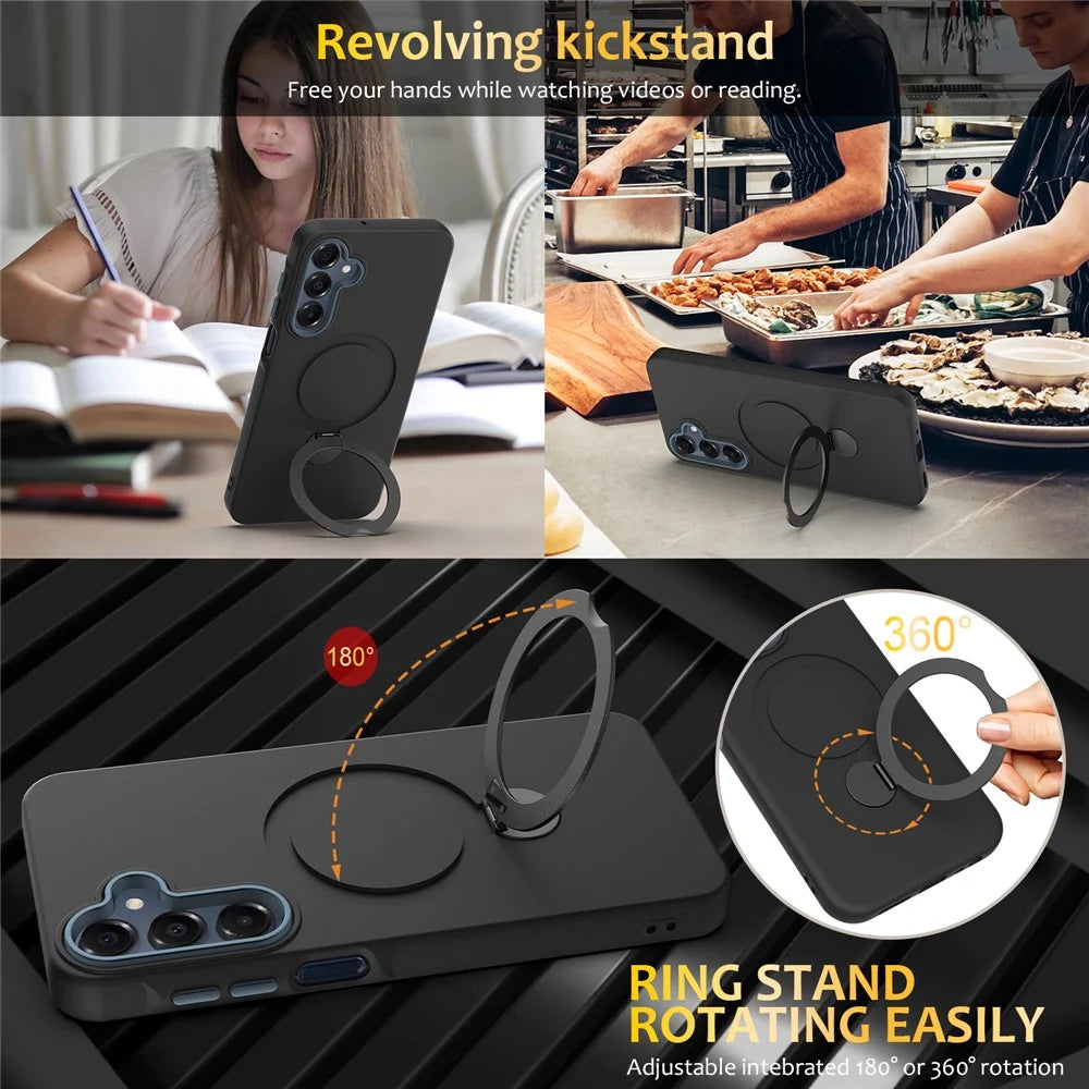 For Samsung Galaxy A16 5G  /  4G Magnetic Case Rotating Ring Kickstand TPU + PC Phone Back Cover - Black - 5