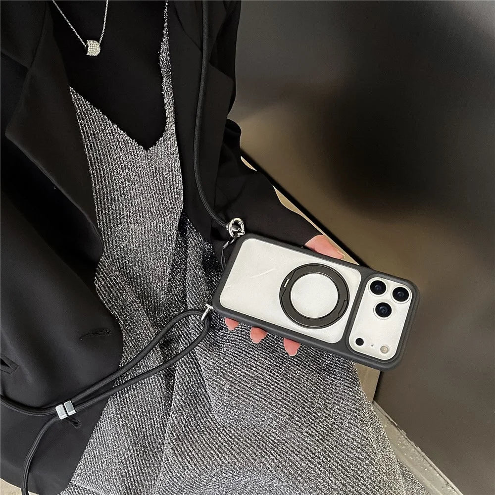 For iPhone 17 Pro Max Kickstand Case with Strap / Screen Film Compatible with MagSafe TPU Acrylic PC Phone Cover - Black - 2