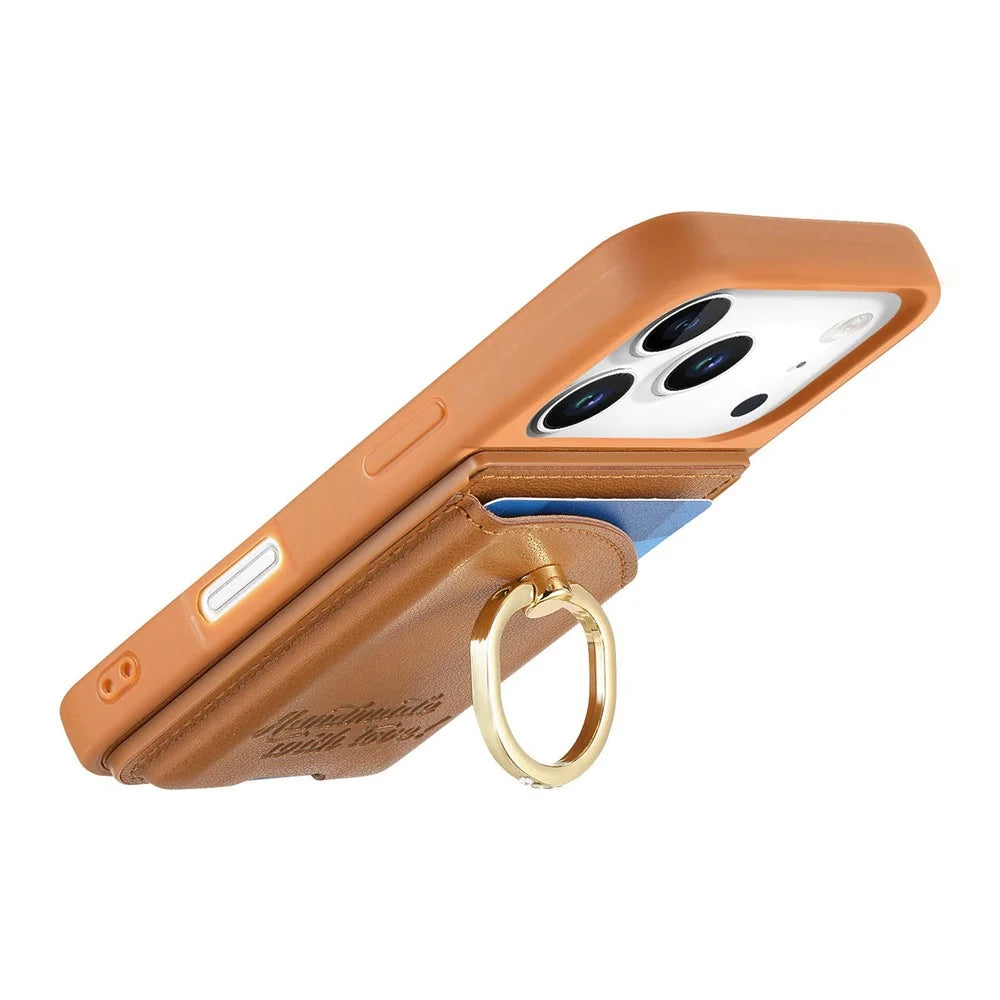 For iPhone 18 Pro Max / 17 Pro Max Case Card Holder Rhinestone Ring Holder Kickstand Leather Back Phone Cover - Brown - 4