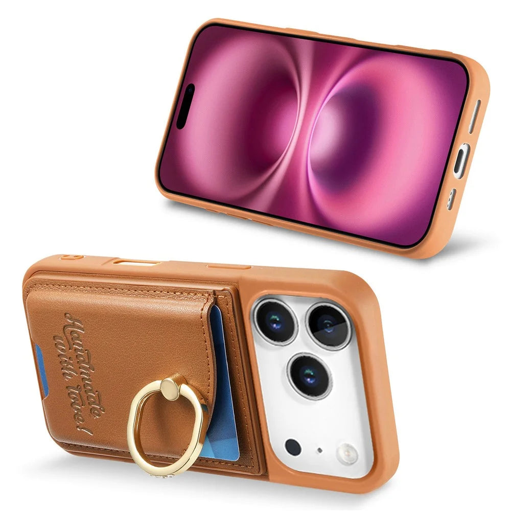 For iPhone 18 Pro Max / 17 Pro Max Case Card Holder Rhinestone Ring Holder Kickstand Leather Back Phone Cover - Brown - 5
