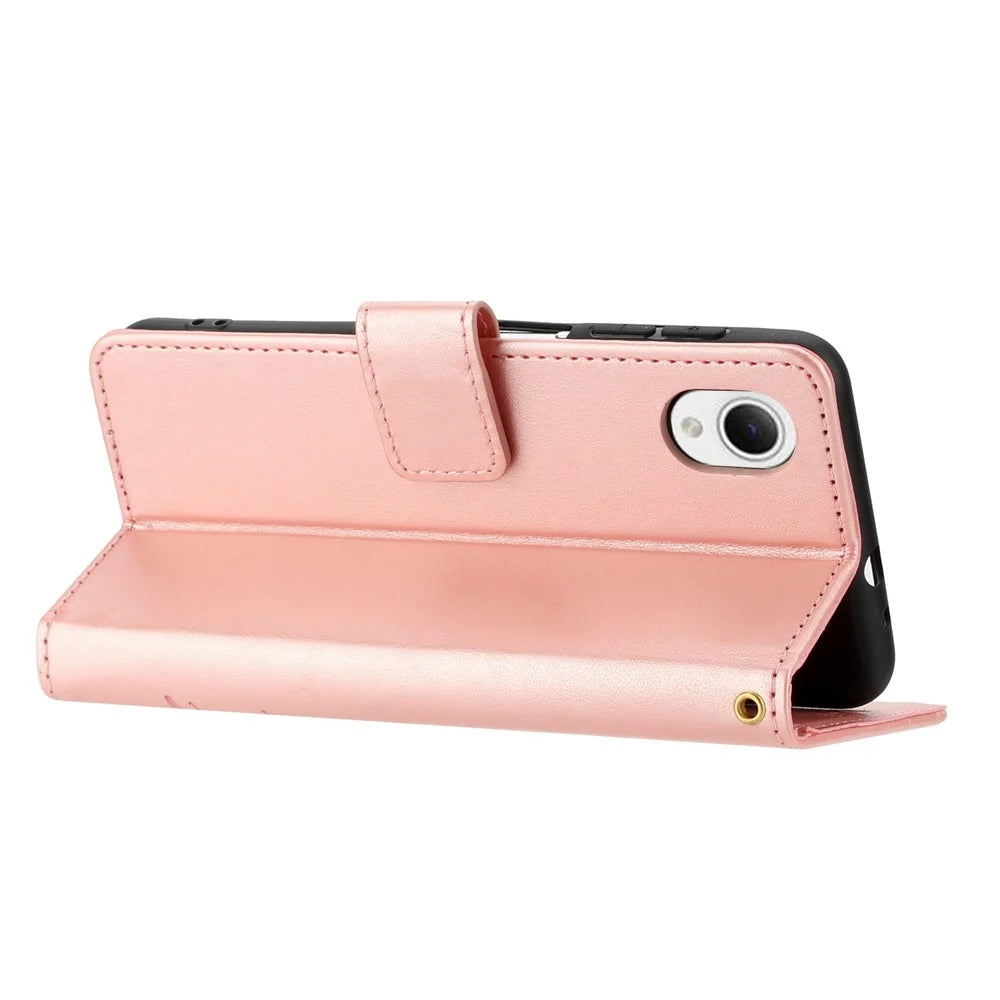 For Samsung Galaxy A23e Imprinting Flower Butterfly Phone Cover PU Leather Shockproof Wallet Stand Case - Rose Gold - 4