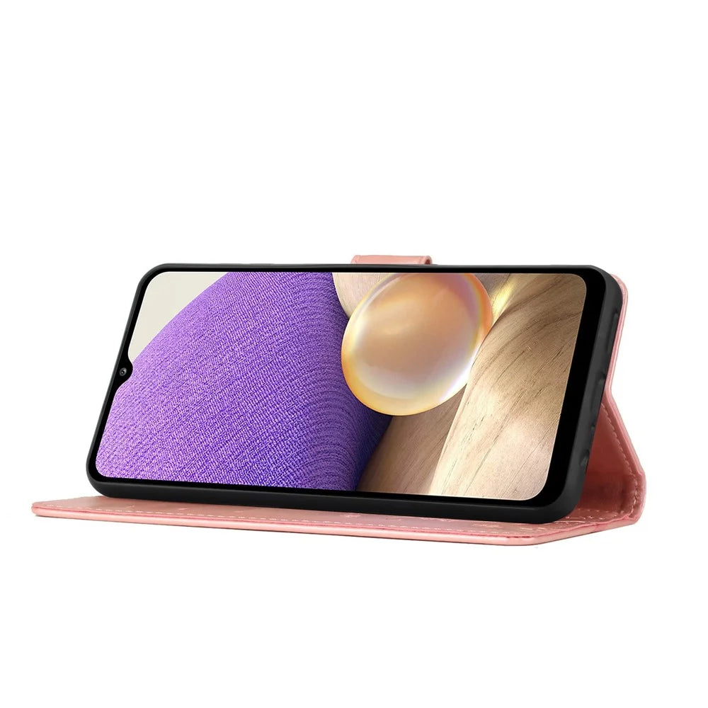 For Samsung Galaxy A23e Imprinting Flower Butterfly Phone Cover PU Leather Shockproof Wallet Stand Case - Rose Gold - 5