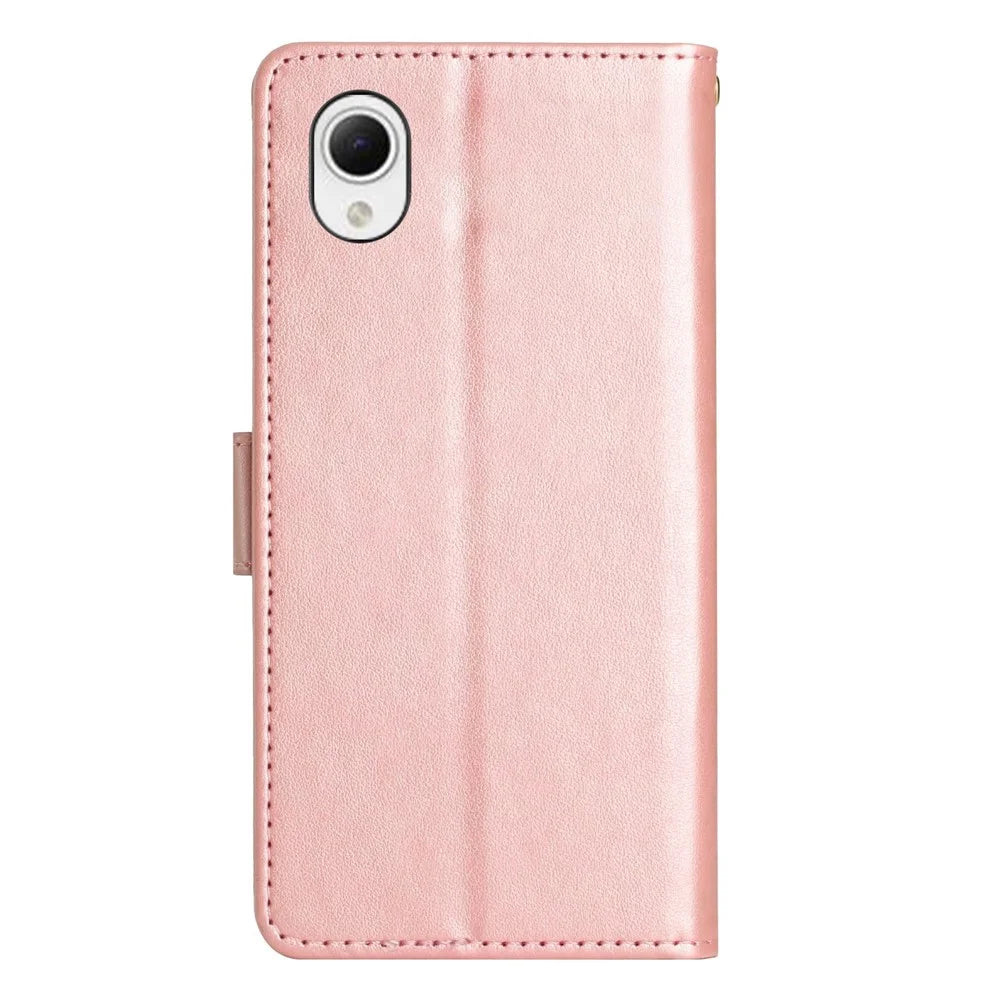 For Samsung Galaxy A23e Imprinting Flower Butterfly Phone Cover PU Leather Shockproof Wallet Stand Case - Rose Gold - 7