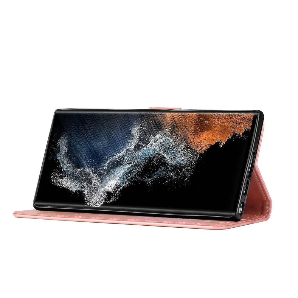 For Samsung Galaxy S23 Ultra Imprinting Flower Butterflies Stand Wallet Case Anti-scratch PU Leather Folio Flip Case - Rose Gold - 5