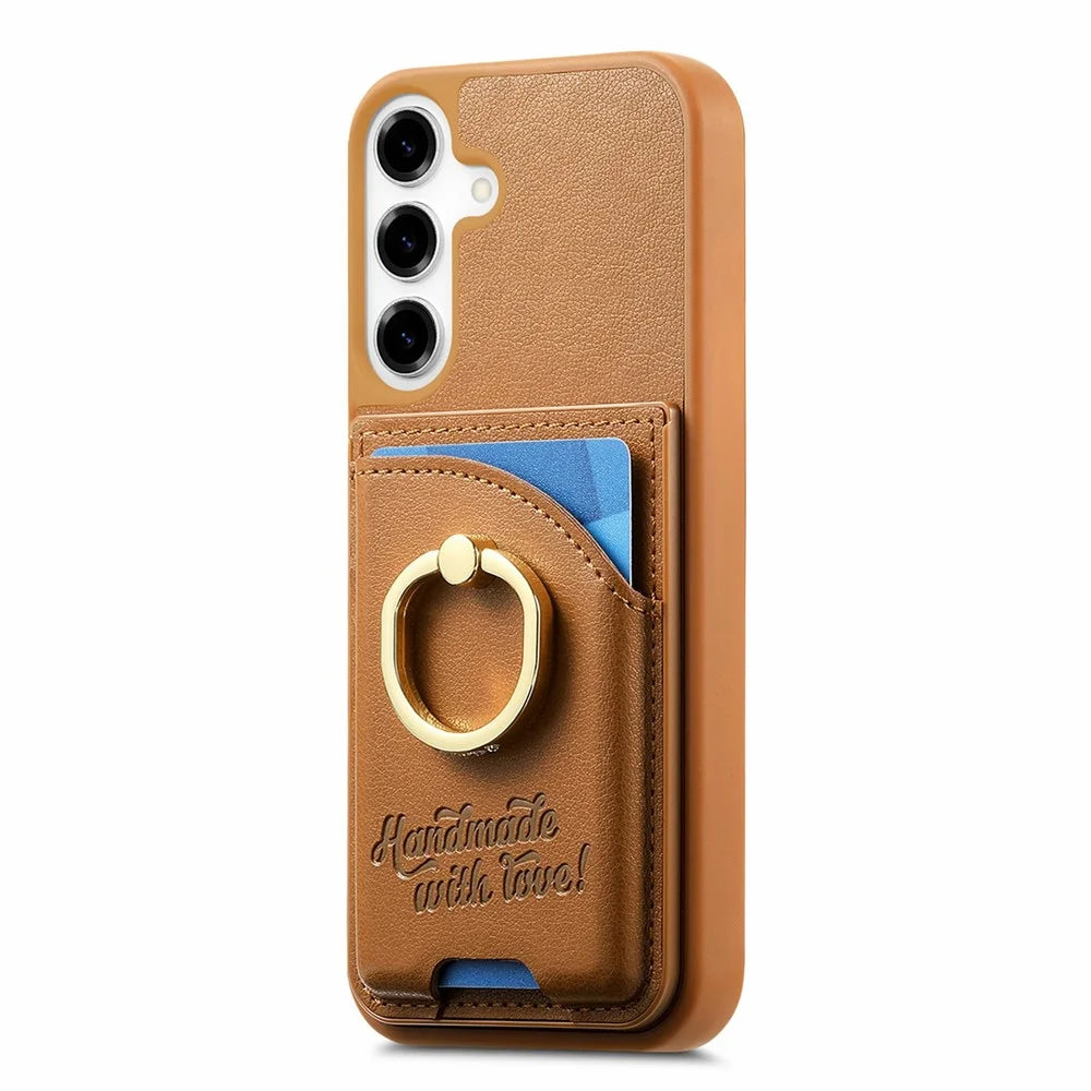 For Samsung Galaxy S25+ / S24+ Case Card Holder Rhinestone Ring Holder Kickstand Leather Back Phone Cover - Brown - 1