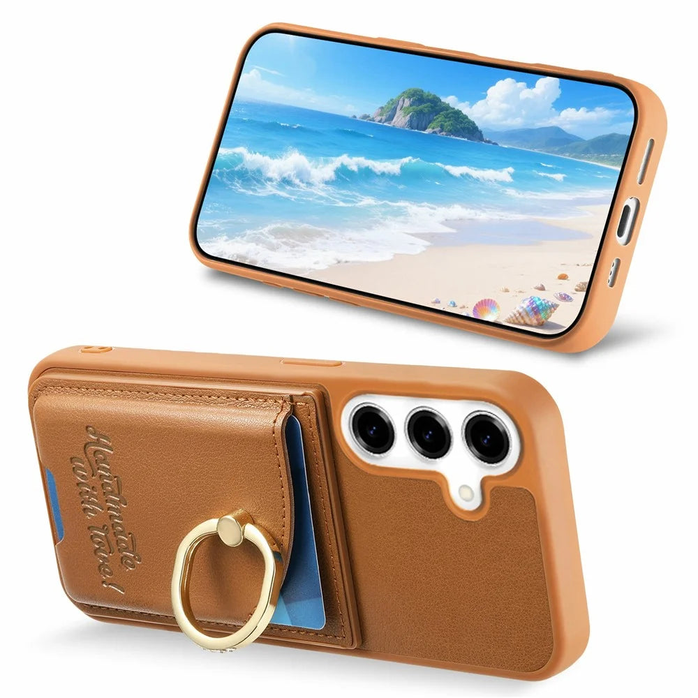For Samsung Galaxy S25+ / S24+ Case Card Holder Rhinestone Ring Holder Kickstand Leather Back Phone Cover - Brown - 4