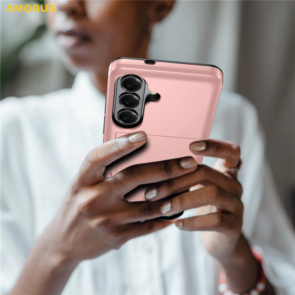 AMORUS For Samsung Galaxy S26+ Case with Sliding Card Holder PC TPU Phone Back Cover - Rose Gold - 5