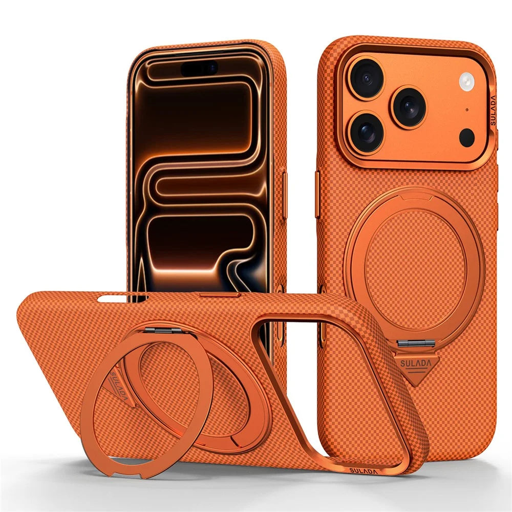 SULADA For iPhone 17 Pro Max Kickstand Magnetic Case Grid Textured Anti Fingerprint Phone Cover - Orange - 1