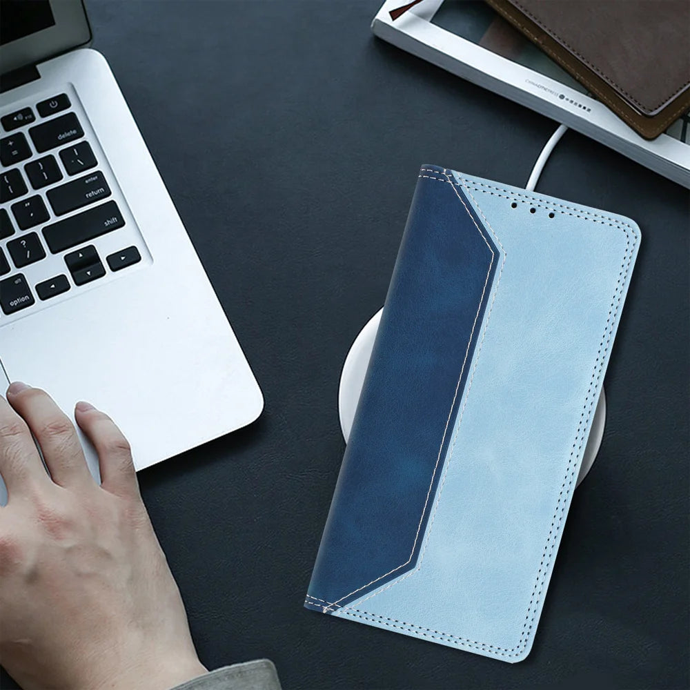 For iPhone 16 Leather Case Skin Touch Color Splicing RFID Blocking Wallet Stand Phone Cover - Dark Blue / Blue - 6