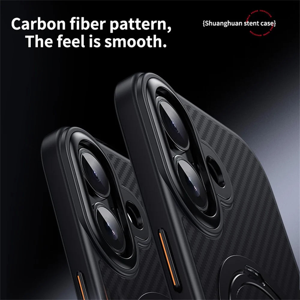 For iPhone 17 Case Compatible with MagSafe PC + TPU Phone Cover Ring Holder Carbon Fiber Texture - Black - 6