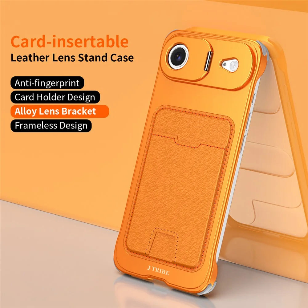 For iPhone Air Case Lens Frame Kickstand Metal Frameless Phone Cover with Leather Card Slots - Orange - 2