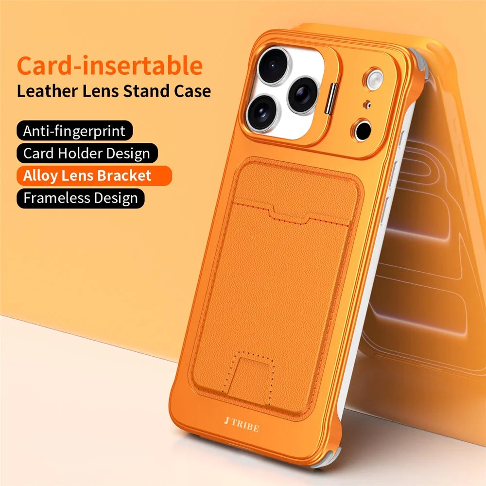 For iPhone 15 Pro Case Lens Frame Kickstand Metal Frameless Phone Cover with Leather Card Slots - Orange - 2