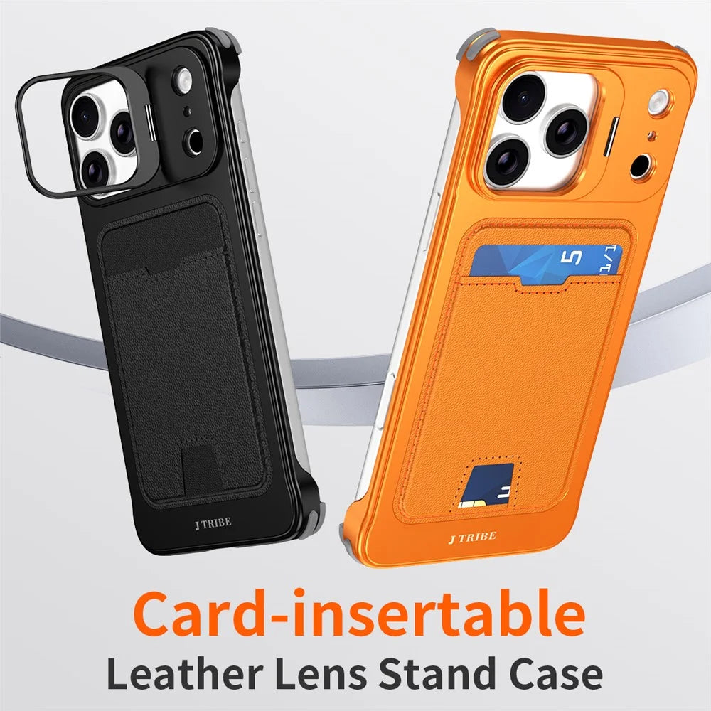 For iPhone 15 Pro Max Case Lens Frame Kickstand Metal Frameless Phone Cover with Leather Card Slots - Orange - 3