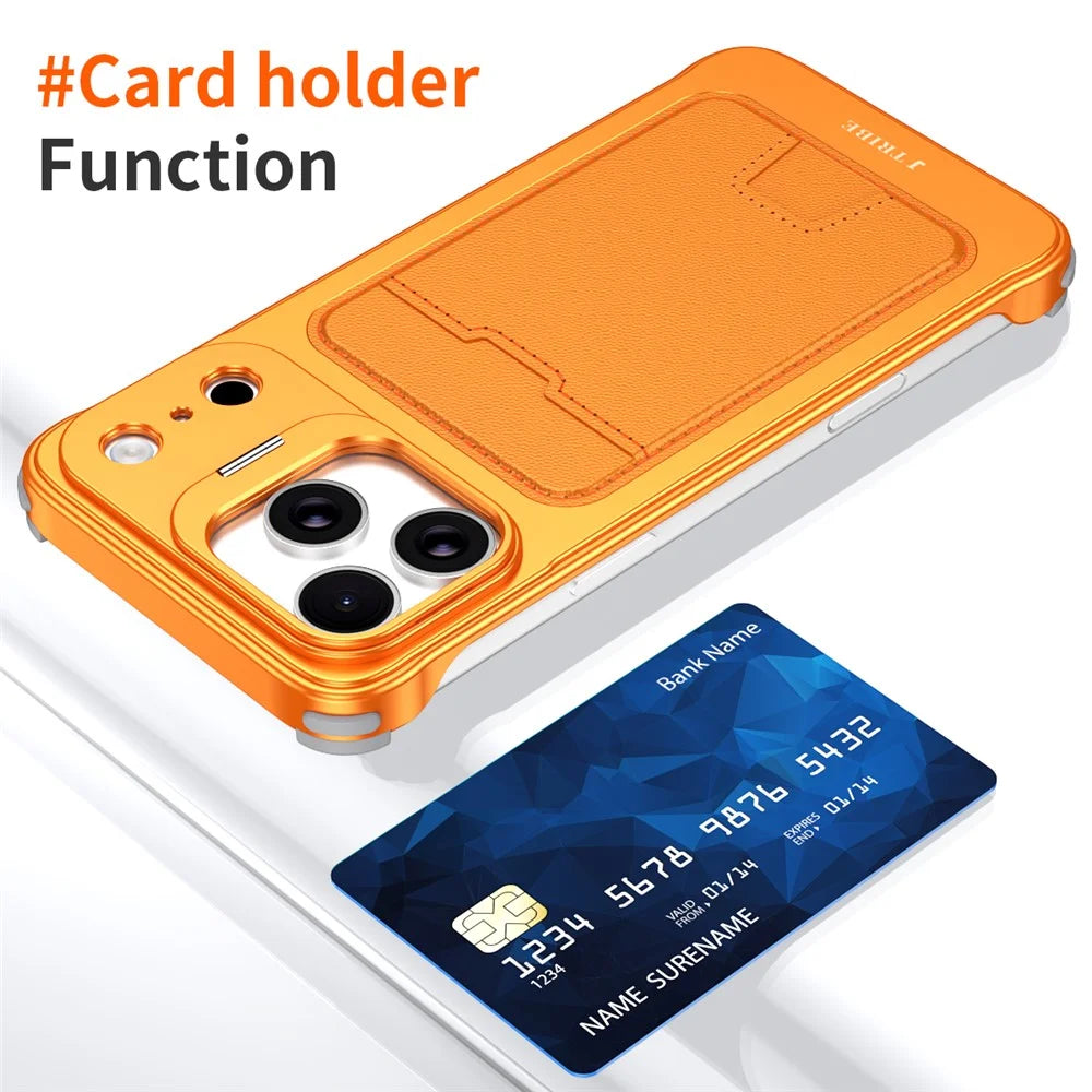 For iPhone 15 Pro Max Case Lens Frame Kickstand Metal Frameless Phone Cover with Leather Card Slots - Orange - 4