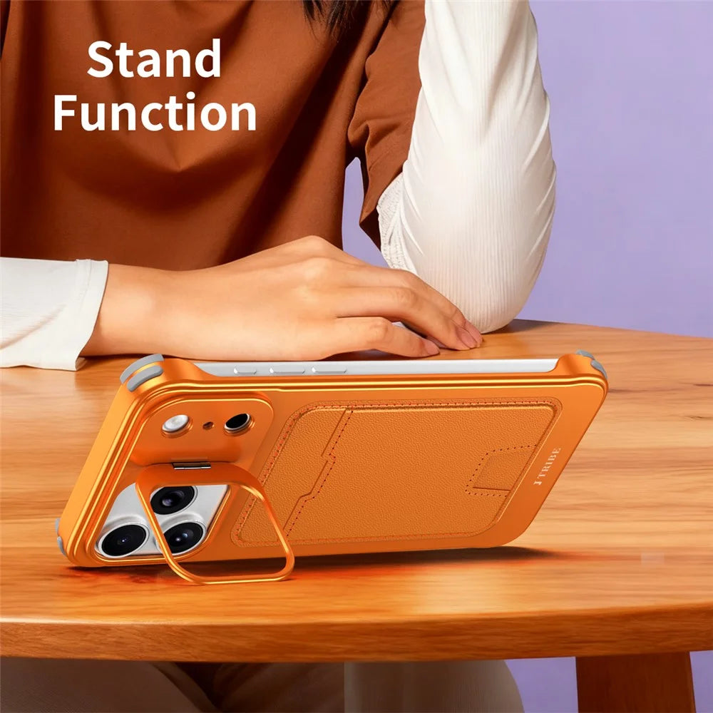 For iPhone 15 Pro Max Case Lens Frame Kickstand Metal Frameless Phone Cover with Leather Card Slots - Orange - 6