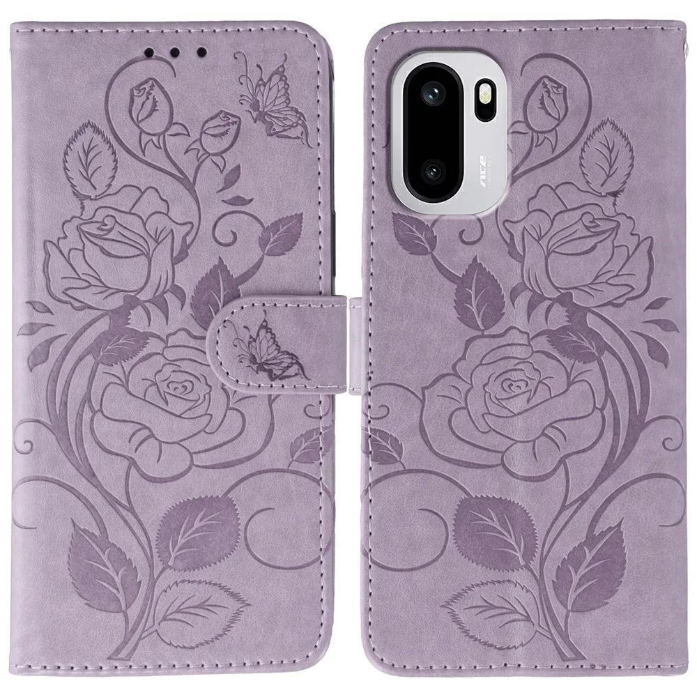 For OnePlus 15R 5G / Ace 6T 5G / Ace 6 5G Case Wallet Stand Imprinted Rose Butterfly PU Leather Phone Cover - Purple - 1