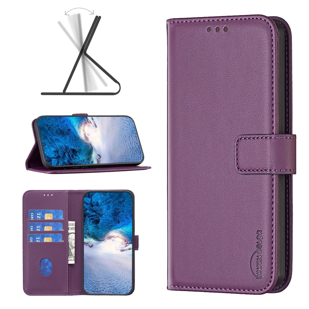 BINFEN COLOR For Samsung Galaxy A27 5G Phone Case  BF17 Wallet Folio Flip Leather Cover - Dark Purple - 4