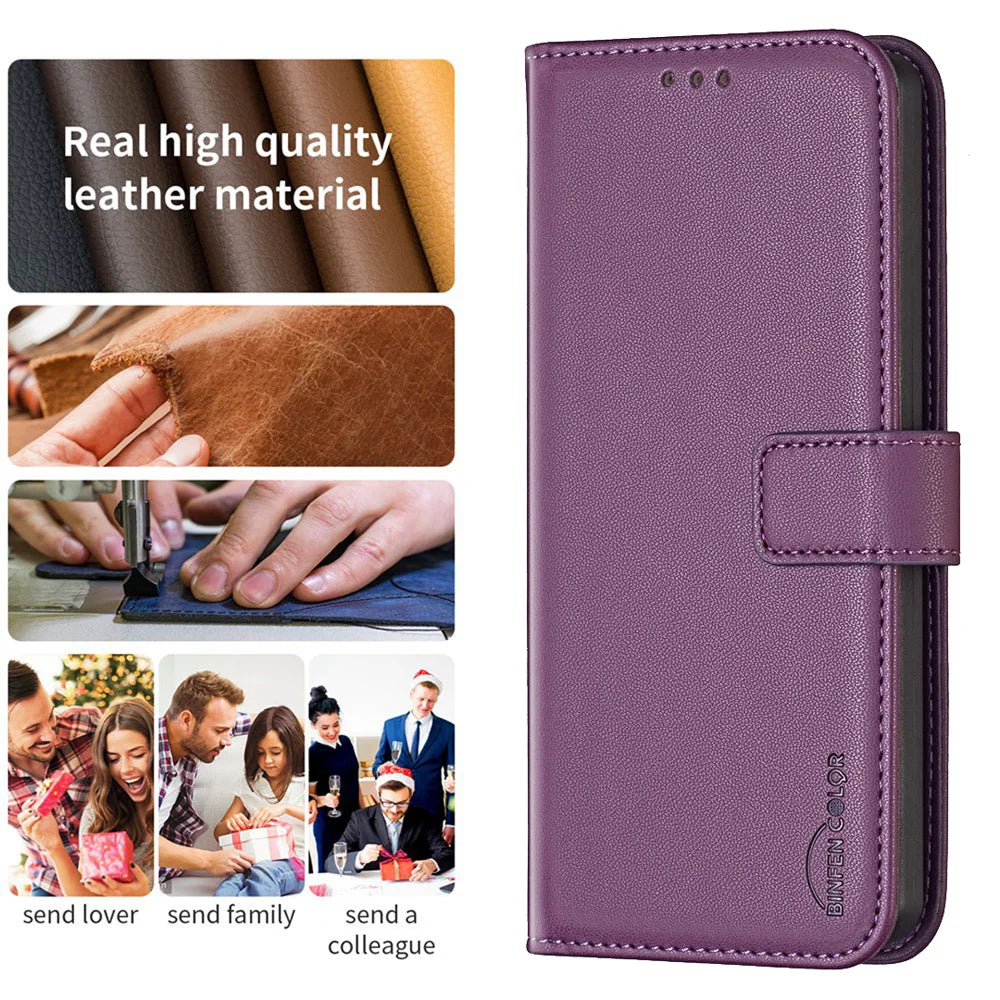 BINFEN COLOR For Samsung Galaxy A27 5G Phone Case  BF17 Wallet Folio Flip Leather Cover - Dark Purple - 7