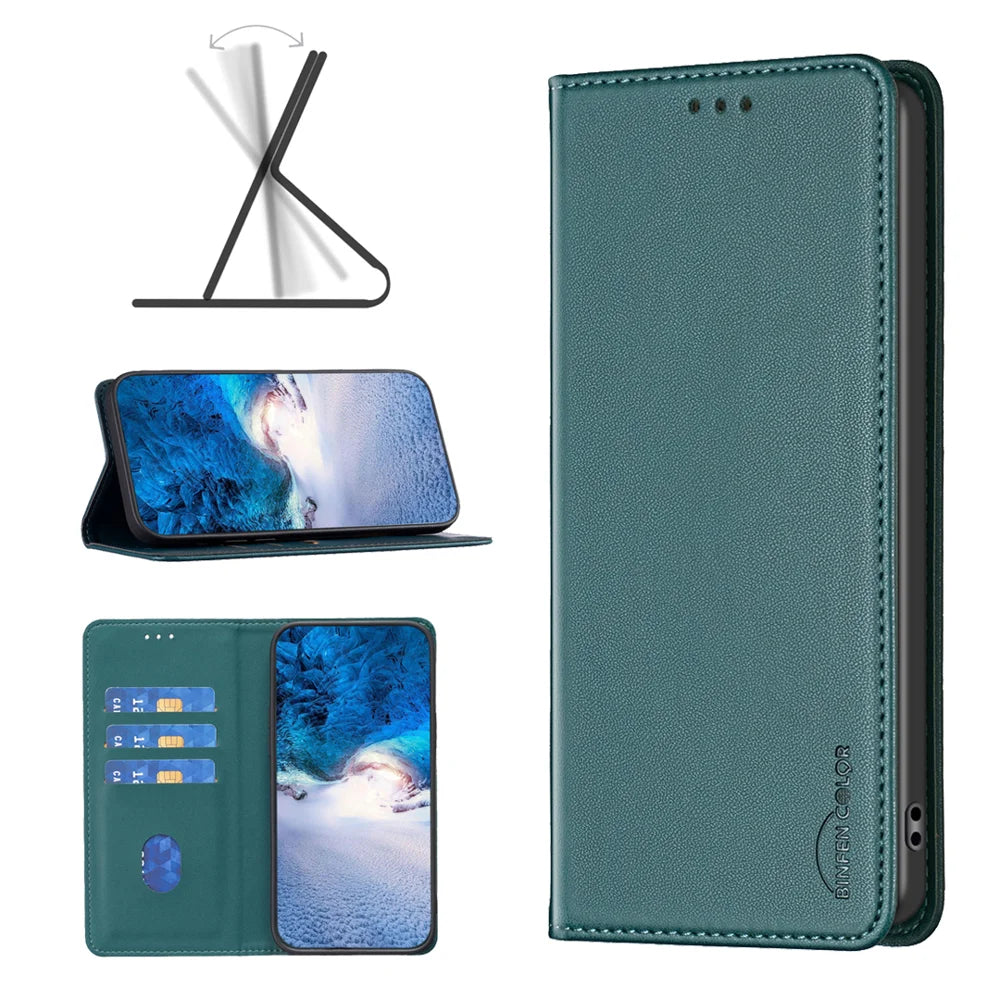 BINFEN COLOR For Samsung Galaxy A27 5G Leather Case  BF18 Phone Stand Cover with Card Slots - Green - 4