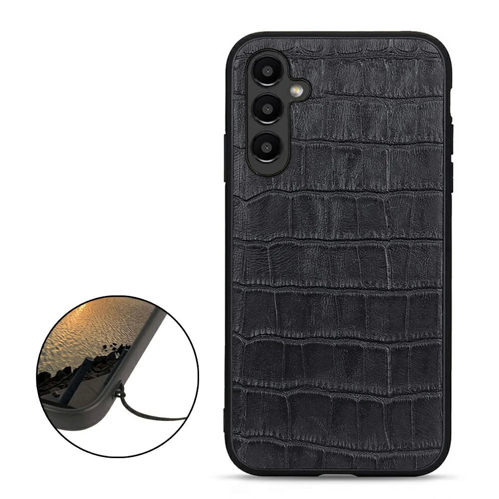 Drop-proof Cell Phone Cover For Samsung Galaxy A14 5G / A14 4G , Genuine Leather Crocodile Texture Protective Phone Case - Black - 2
