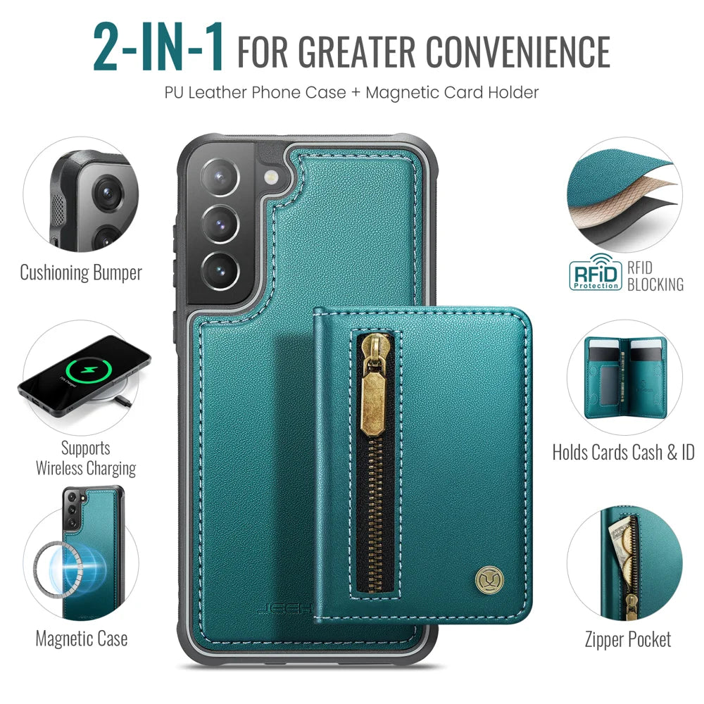 JEEHOOD For Samsung Galaxy S21 5G Case  J12 Magnetic Detachable Zipper Wallet Kickstand Leather Back Cover Magnetic Case - Blue - 2