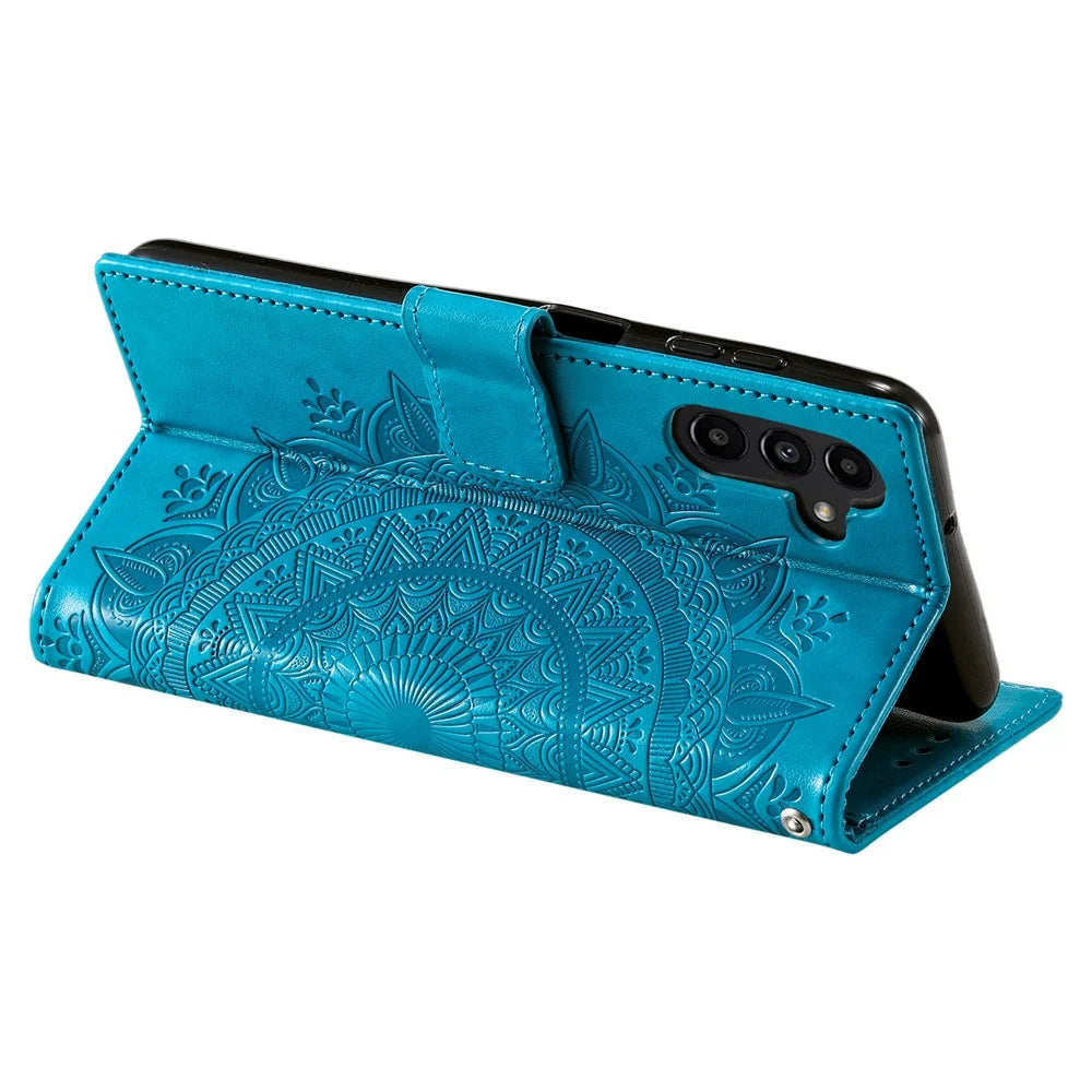 For Samsung Galaxy S26+ Stand Case Imprinted Totem PU Leather Wallet Phone Cover with Wrist Strap - Blue - 4